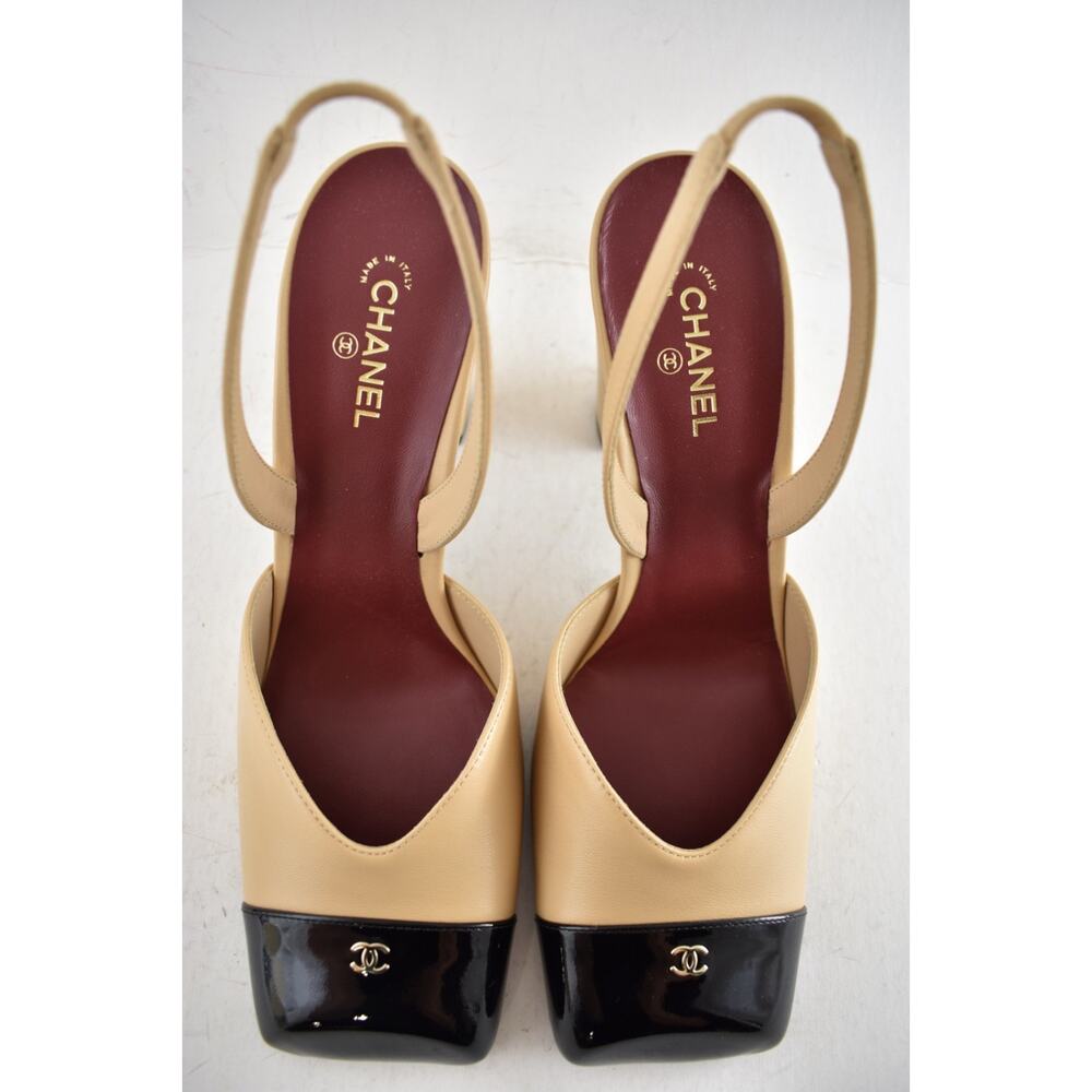 Chanel 26S Blazy Beige Black Square Toe Sling CC Slingback Block Heel Pump 36 - Picture 12 of 16
